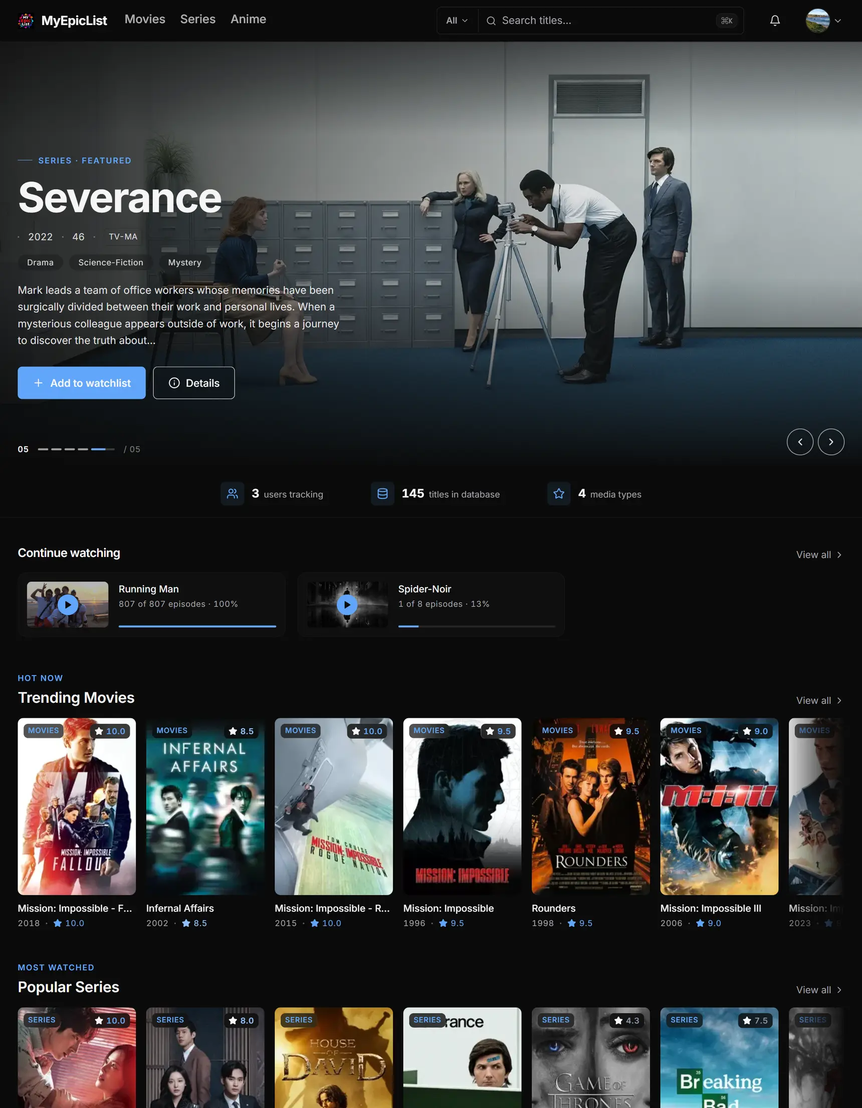 MyEpicList homepage — discover and track movies, TV, and anime